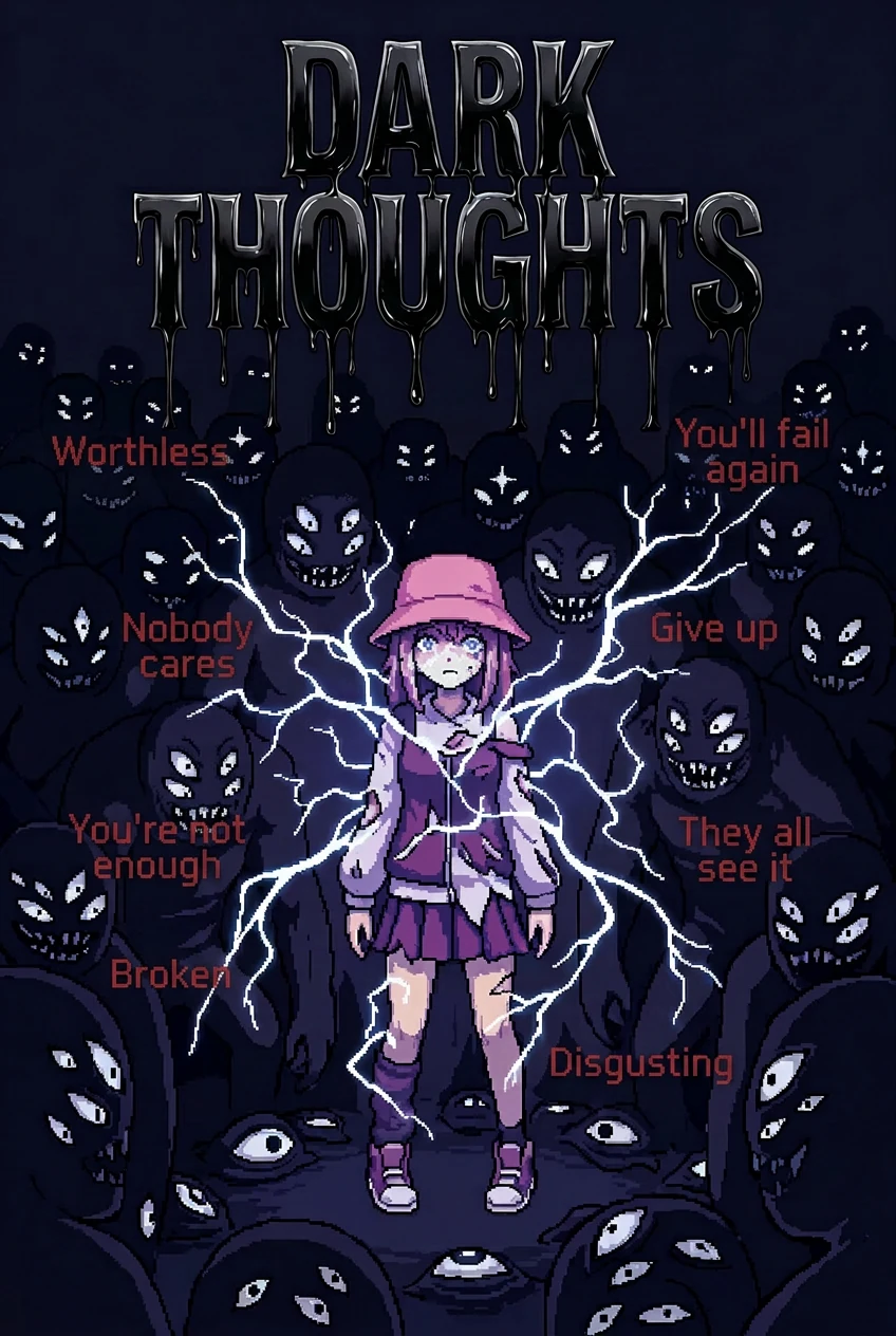 A girl surrounded by a swarm of intrusive thoughts